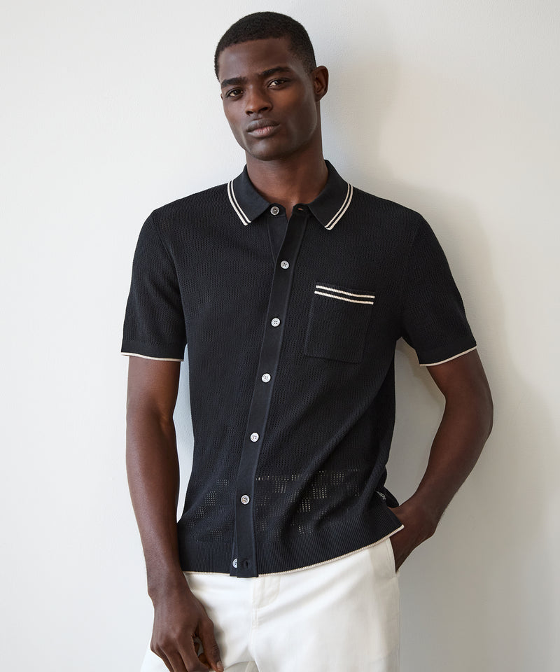 Open-Stitch Full-Placket Polo in Black